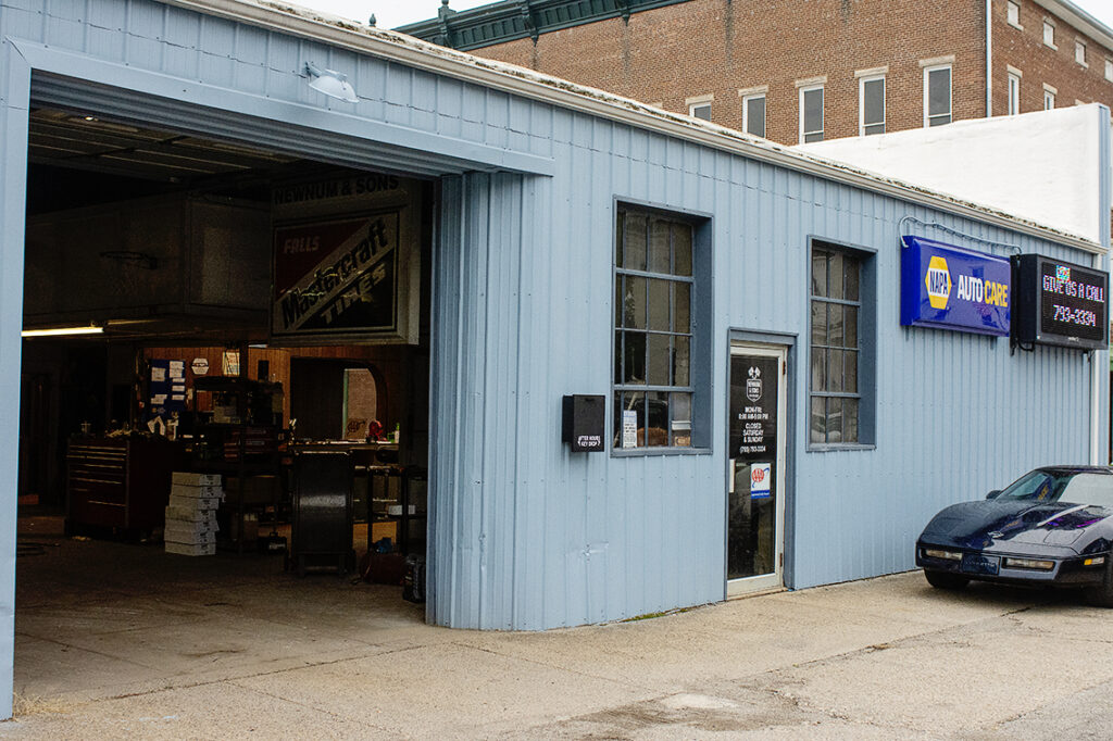 Open service bay at Newnum & Sons Garage on Liberty Street in Covington, Indiana